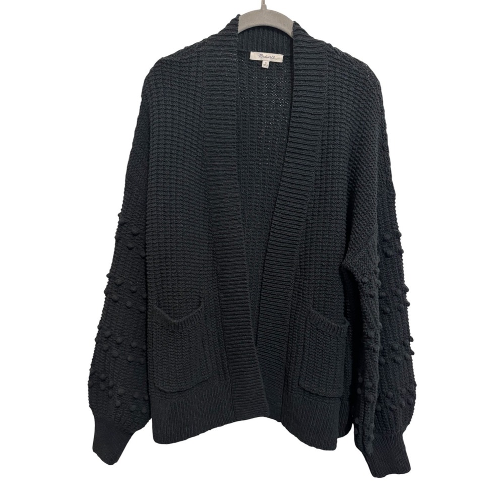 Madewell Cardigan Sweater Women's Medium Black Bobble Sleeve Waffle Knit Gwee